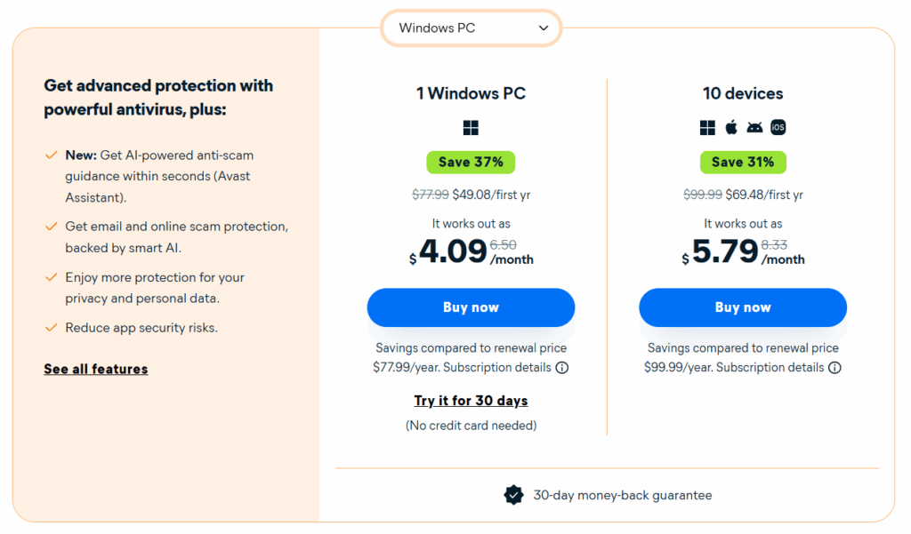 Avast pricing